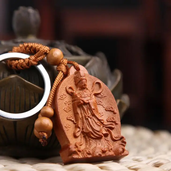 Wood Carved Chinese Safeness Amulet Statue Sculpture Pendant Key Chain 平安