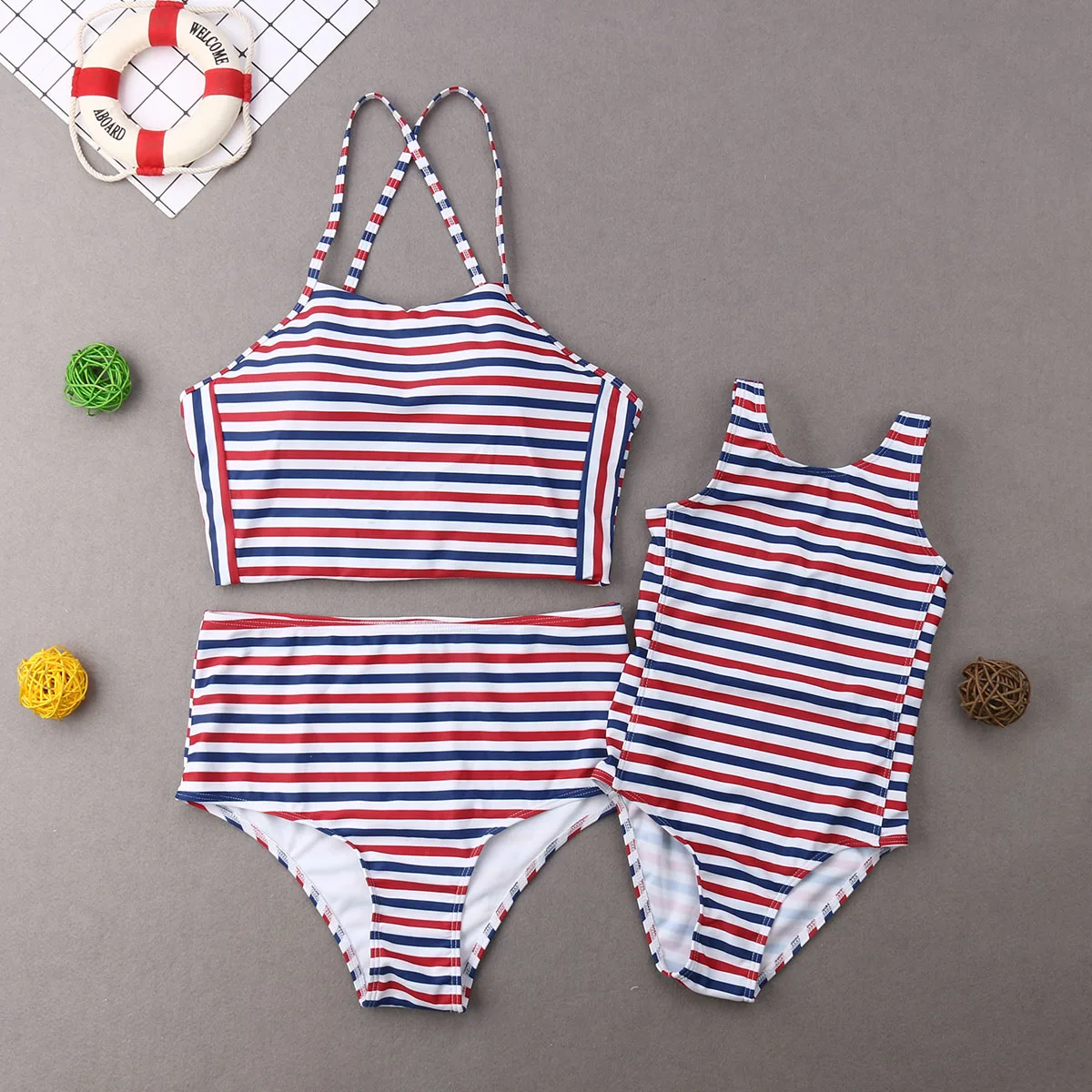 

Family Swimwear Mother Bikini Set Daughter One Piece Suit Women Striped Bathing Suit Swimsuit Swimming Suit