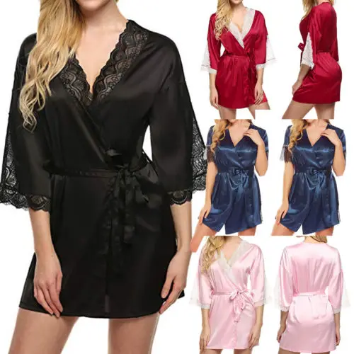

New Womens Sexy Lace Silk Lingerie Sleepwear Ladies V-Neck Satin Sleep Dress Nightwear Babydoll Sleepwear Underwear Night Dress