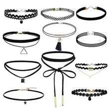 11 шт. бархат, кружево черного цвета и треугольные Чокеры ожерелья для женщин девочек колье Femme вечерние Bijoux Богемия Стиль Воротник Mujer