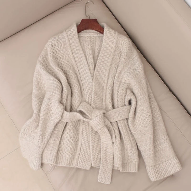 

Autumn sweater female 100% pure cashmere cardigan belt sweater thickening 2018 spring new dress loose high-end jacket