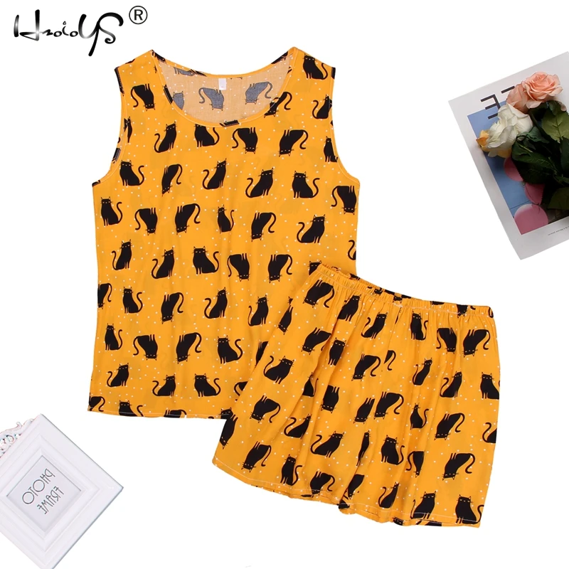 

Sexy Summer Sleeveless Sleepwear Women Cute Print Top & Elastic Waist Shorts Pajama Set Womens Two Piece Sets Nightwear