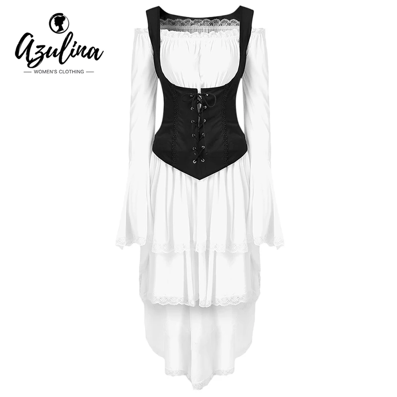 

AZULINA Lace Trim Lace Waist High Low Dress Vintage Square Collar Long Sleeves Lace Up Asymmetrical Dresses Vestidos Robe Femme