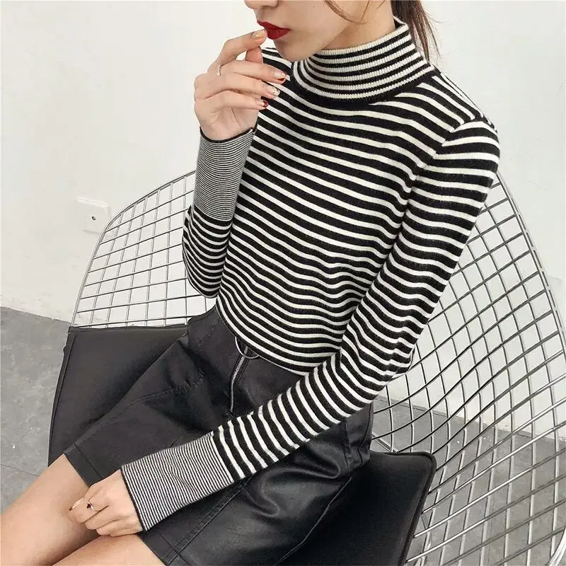 OLOEY Stripe Sweater Contrast Color Knitted Pullover 2019 Long Sleeve Turtleneck Knitwear Fashion Slim Woman Jumpe OLOEY Stripe Sweater Contrast Color Knitted Pullover 2019 Long Sleeve Turtleneck Knitwear Fashion Slim Woman Jumpe