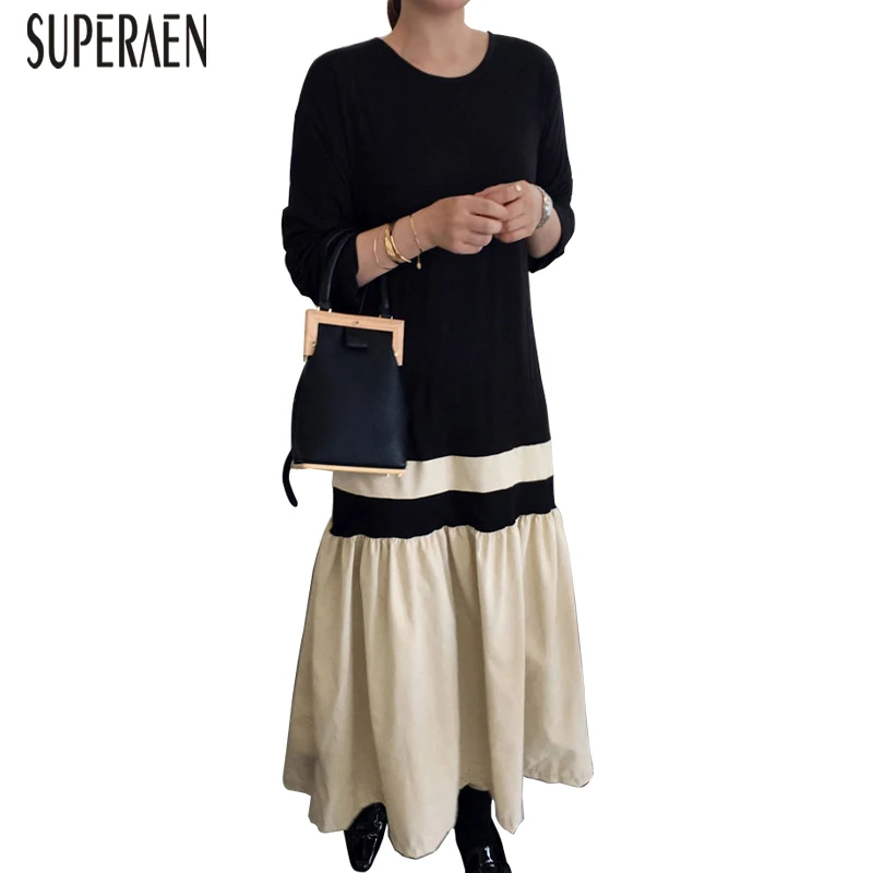 

SuperAen 2019 Spring New Dress Women Fashion Cotton Wild Casual Dress Female Long Sleeve Round Collar Women Clothing