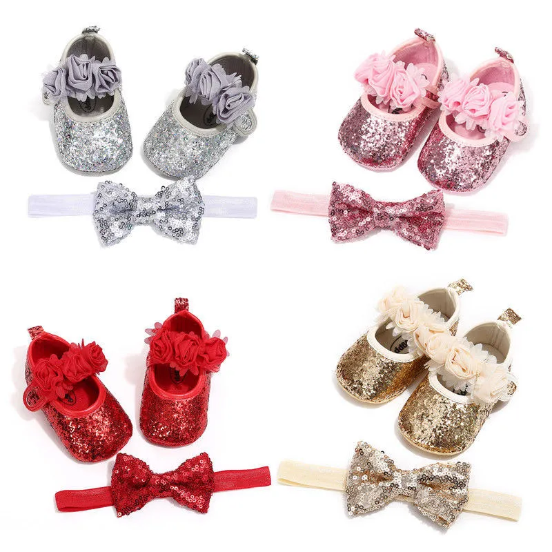 

0-18M Newborn Baby Girls Sequins Bling PU Leather Shoes Headband Lace Bow Tie Flowers Slippers Girl First Walkers Prewalkers
