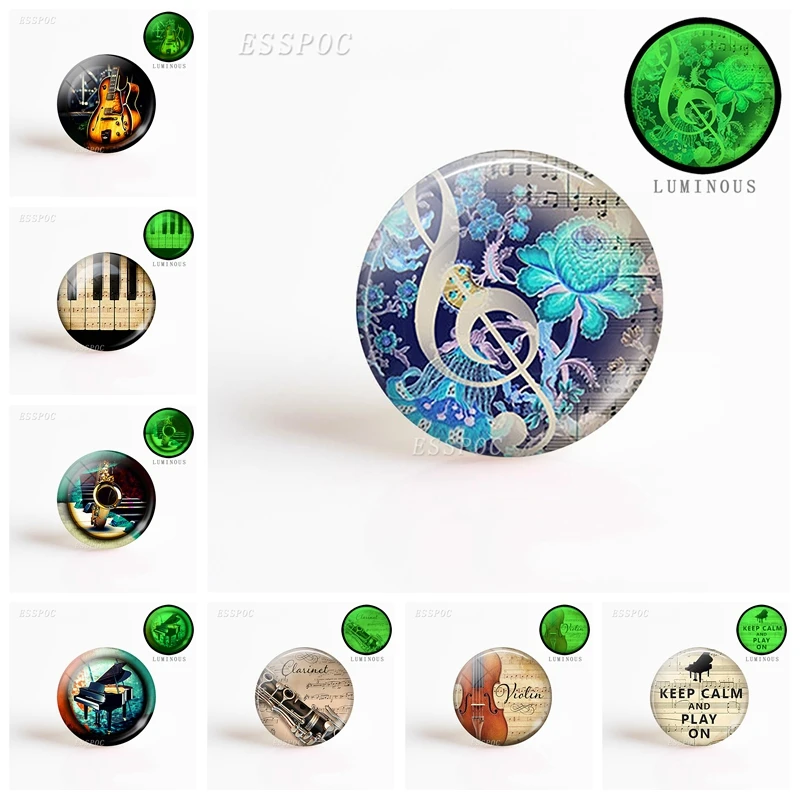 

5pcs/set Fashion Musical Note Jewelry Musical Instruments DIY Pendant Round 25mm Luminous Glass Cabochon Handmade Jewelry