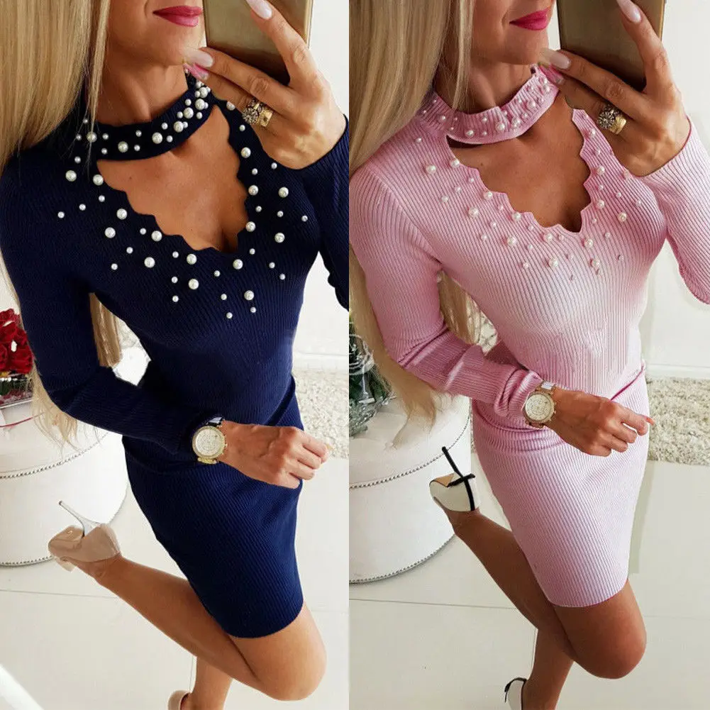 Женское Короткое платье карандаш с V образным вырезом и бусинами|Платья| |