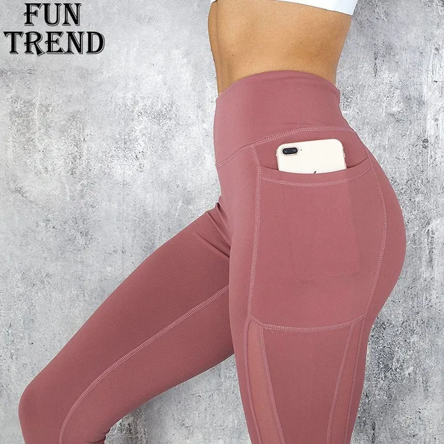 US $12.59 Pocket Solid Sport Yoga Pants High Waist Mesh Sport Leggings Fitness Women Yoga Leggings Training R