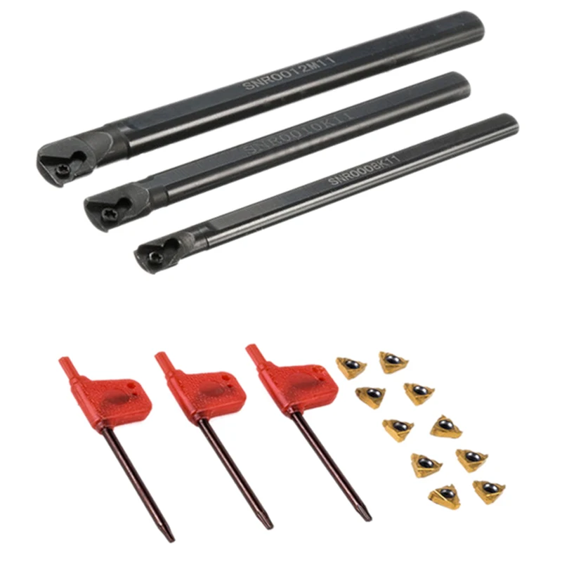

CNC Turning Tool Set SNR0008K11+SNR0010K11+SNR0012M11 Lathe Boring Bar + 10pcs 11IR A60 Inserts + Wrench