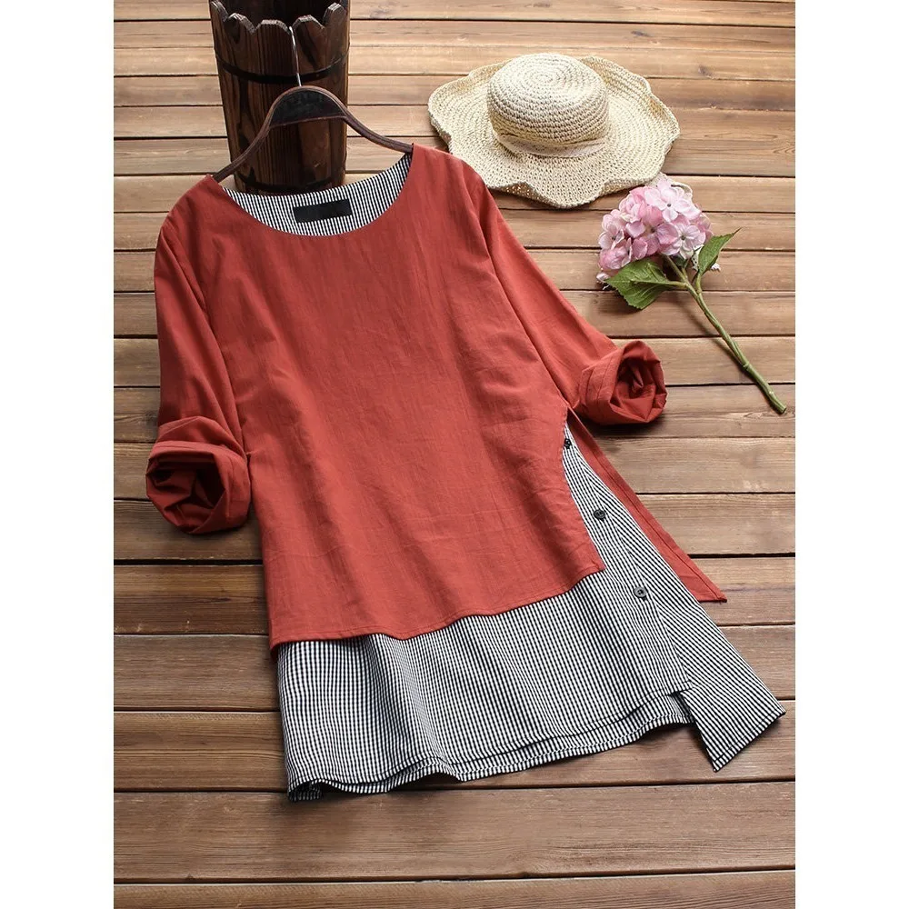 

Spring Women's Mock Two Pieces Dress Vintage Solid Cotton Linen Female Dresses O Neck Retro Loose Button Vestidos Plus Size 5XL