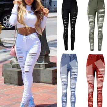 

Women’s Denim Skinny Ripped Bodycon Pants High Waist Stretch Jeans Slim Pencil Trousers