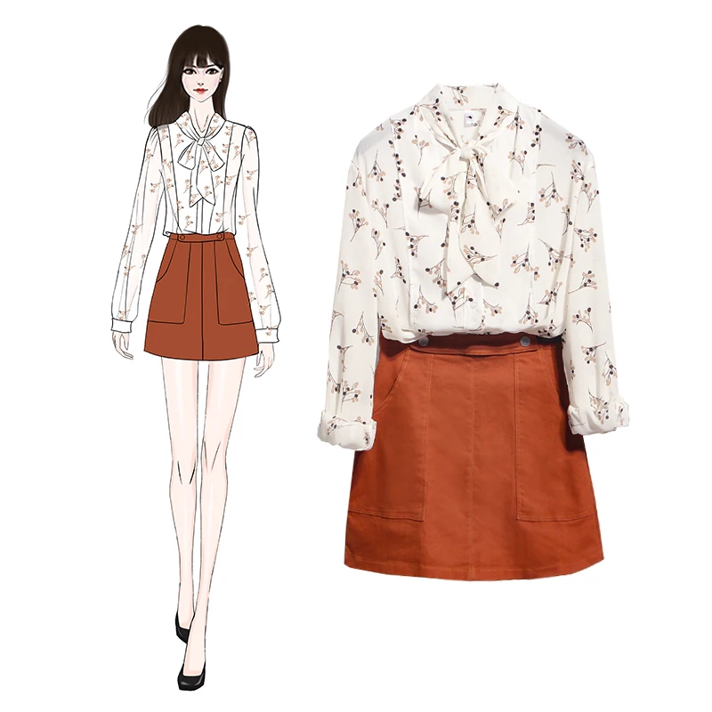 

Korean fashion bow blouse & skirt 2019 spring new long sleeve shirts Skirts two-piece women clothing set outfit chiffon top