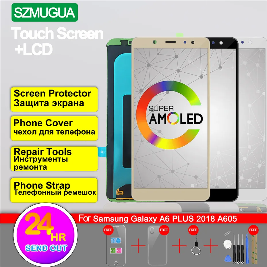 

Super Amoled Touch Screen Digitizer For Samsung Galaxy A6 Plus 2018 A605 A605F A605FN LCD Display 2560x1440 6''