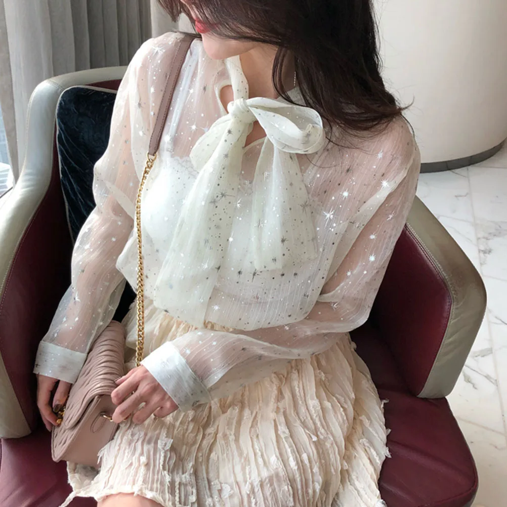  2019 New Ladies Shirts Shinning Star Bright Bow-Knot Blouse Lace Top Long Sleeves Shirt