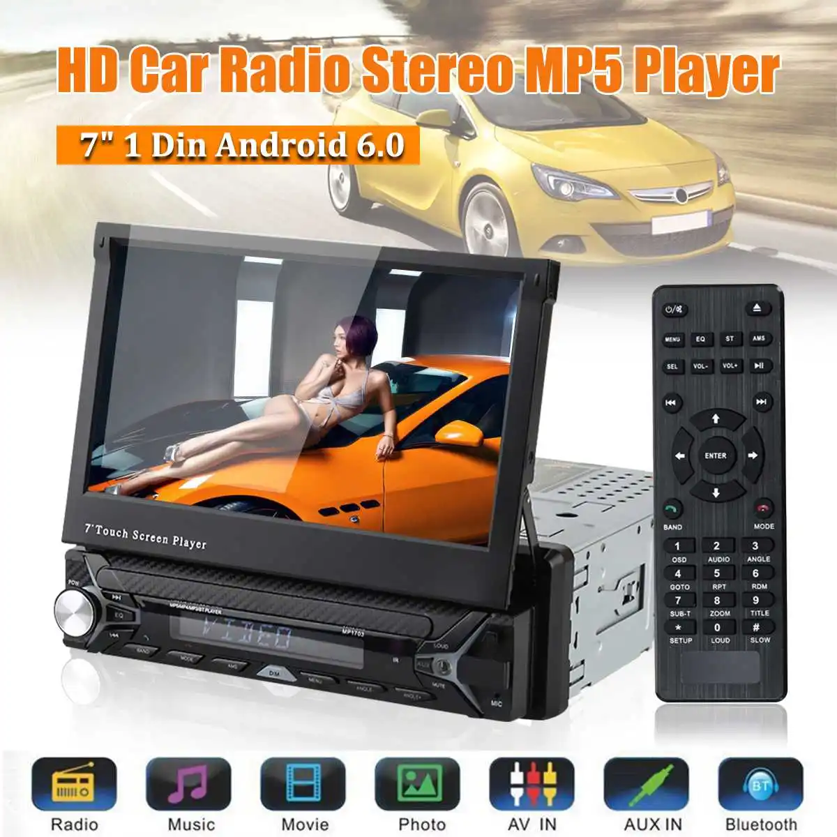 

Car Audio Radio bluetooth 1DIN 7" HD Retractable for touch Screen Monitor MP5 Player SD FM USB