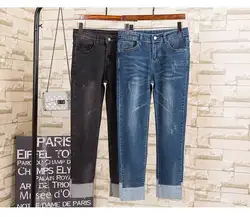 2019 Осень отверстие джинсы длиной до щиколотки для Для женщин Высокая Талия джинсовые эластичные брюки с высокой посадкой узкие