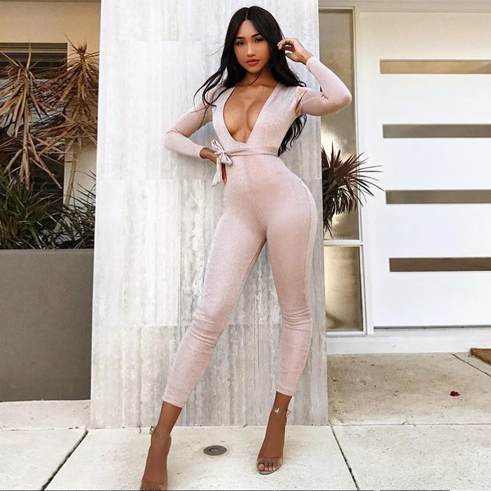 Sexy Bodycon Jumpsuit 2019 Romper Long Sleeve Bodysuit Women Deep V-Neck bow Jumpsuit Elegant