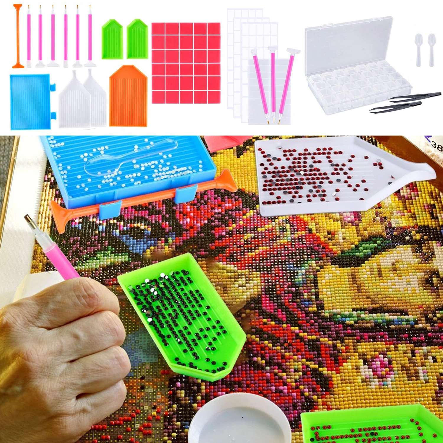 

56PCS DIY Diamond Painting Embroidery Tools Kit Including Sticky Pen Glue Spoon Plates Embroidery Box Tweezer Sticky Paper