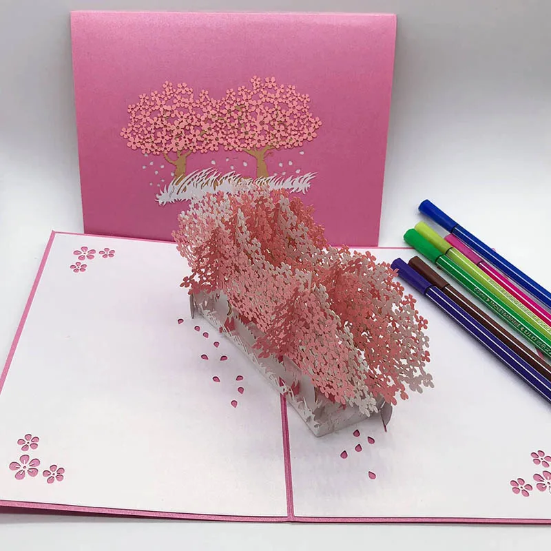  Romantic Pink Cherry Tree Greeting Card 3D Valentine's Day Birthday Decor Exquisite Gift Cards Wedd - 33003329484