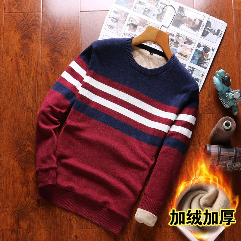 

In Spring And Autumn New Men's Sweater Pullovers Men's Striped Fleece-Lined Korean Version of the Slim Sweater Top Male