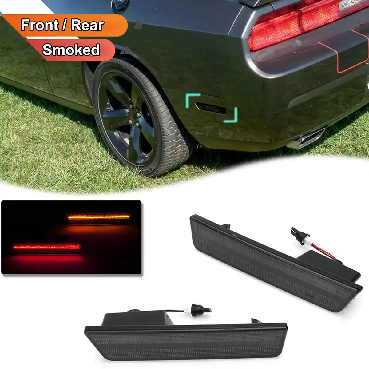 

1Pair Smoked Lens Front Red LED Rear Amber Light Side Marker Lamps LED Lights For Dodge Challenger 2008-2014