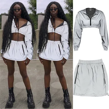 

Sexy Ladies 2PCS Bodycon Reflective Zip Up Hooded Hoodies Crop Tops Skirt Reflective Women Dress Party Clubwear Outwear 2019 New