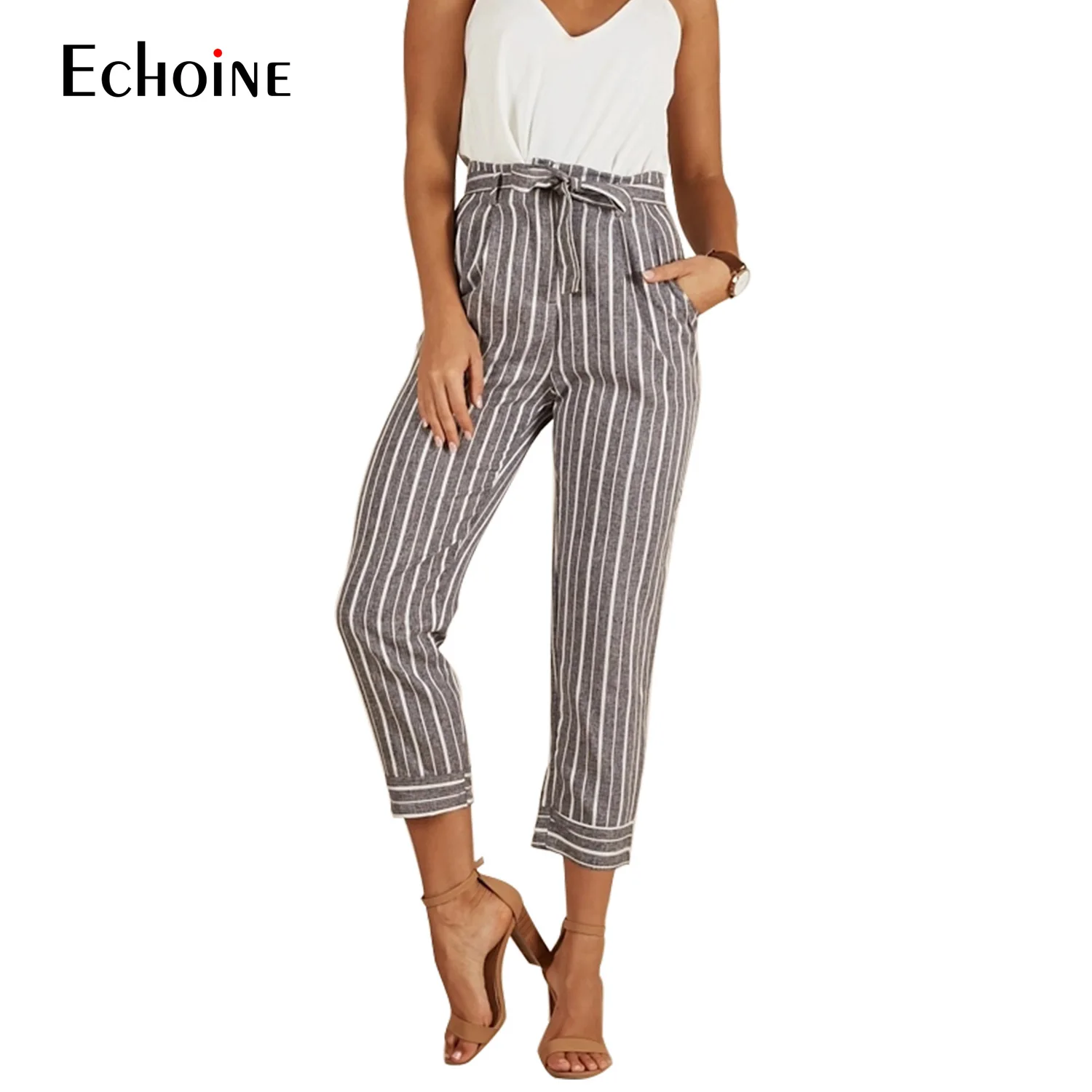 

2019 Spring autumn Women stripe grey Straight Pants Office Lady Waist Suit Cotton Ankle-Length Pants High Waist Leisure Trousers