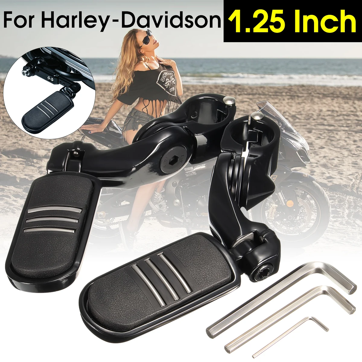

1.25" 3.2cm Adjustable Short Angled Foot Pegs Pedals Foot Rests and Allen Key For Harley-Davidson Black Aluminum alloy Rubber