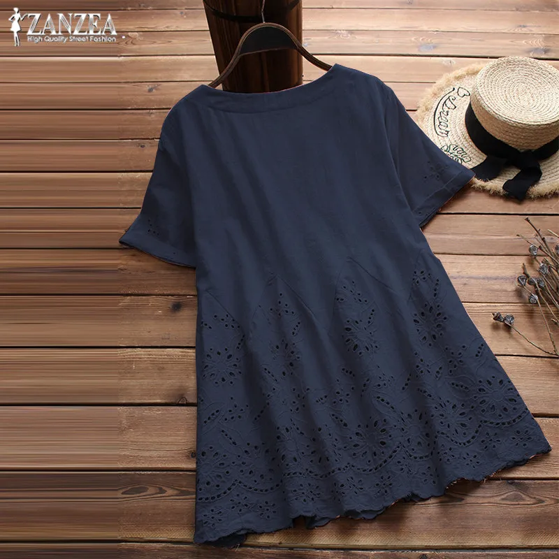 ZANZEA размера плюс LinenTop женская блузка женская рубашка с коротким рукавом Повседневная Туника Топ Вышивка рюшами летняя Рабочая блуза 5XL
