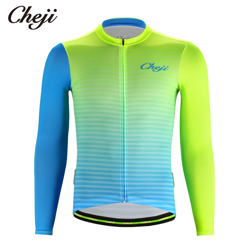 

CHEJI 2019 Men's Long Sleeve Cycling Shirts Fluorescent Green Full Zipper Quick Dry Low Collar Cycling Jersey Clothing