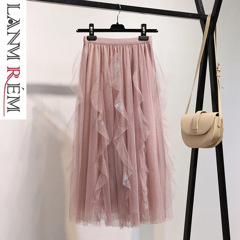 LANMREM Новая летняя модная женская одежда тонкая юбка с краем в виде листа лотоса, юбка в сеточку, полубоди трапециевидной формы WG18912