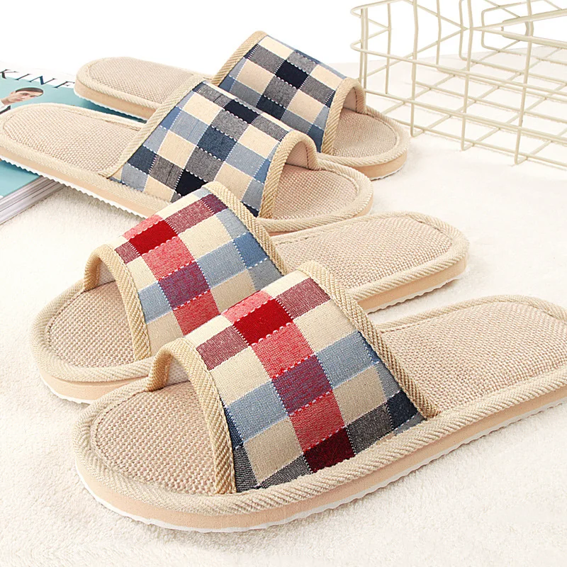 

Four Seasons Squares Cut Linen Slippers nan nv Couple's Home Indoor Floor Wood Foam Bottom Slippers Manufacturer Wholesale