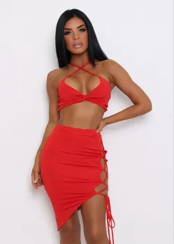 

Sexy Women Bodycon Two Piece Crop Top and Split Skirt Set Bandage Party Clubwear Clothes Set