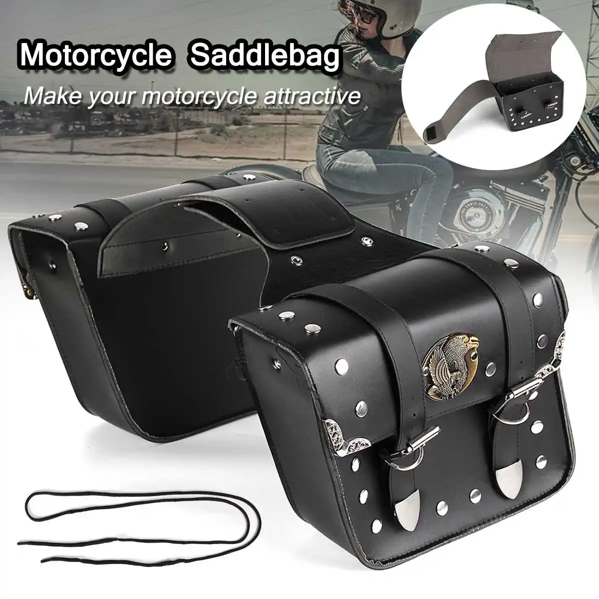 

2pcs Motorcycle Universal Black PU Leather Motorcycle Saddlebags Saddle Tool Bags Motorbike Luggage For Harley