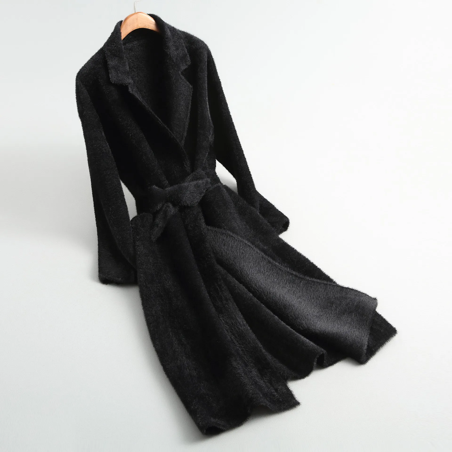 Winter Coats Female Solid Sashes Long Jacket Women Knitted Faux Woolen Coat Alpaca Cashmere Coat Female Long Coat Outwear