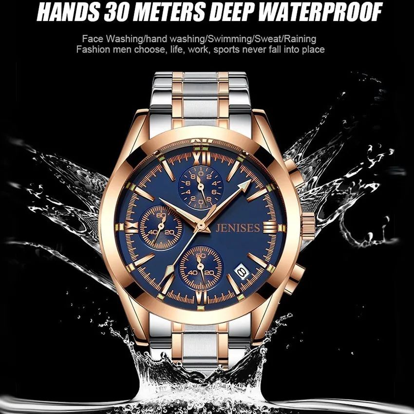 Jenises мужские часы Топ бренд класса люкс Хронограф Спортивные мужские s часы водонепроницаемые полностью Стальные кварцевые золотые часы мужские Relogio Masculino