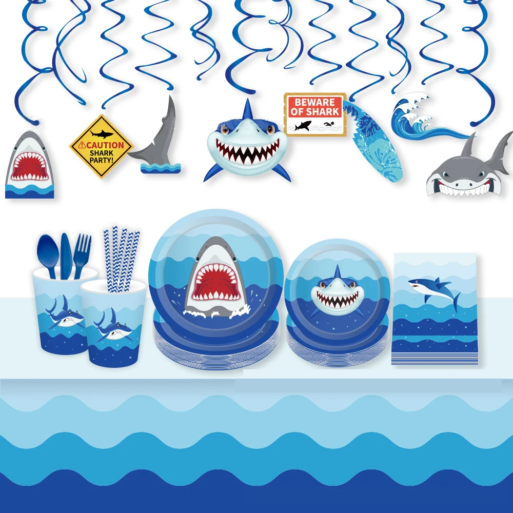 

OHEART Blue Baby Shark Happy Birthday Party Disposable Tableware Plate Straw Towel Baby Shower Decoration Supplies