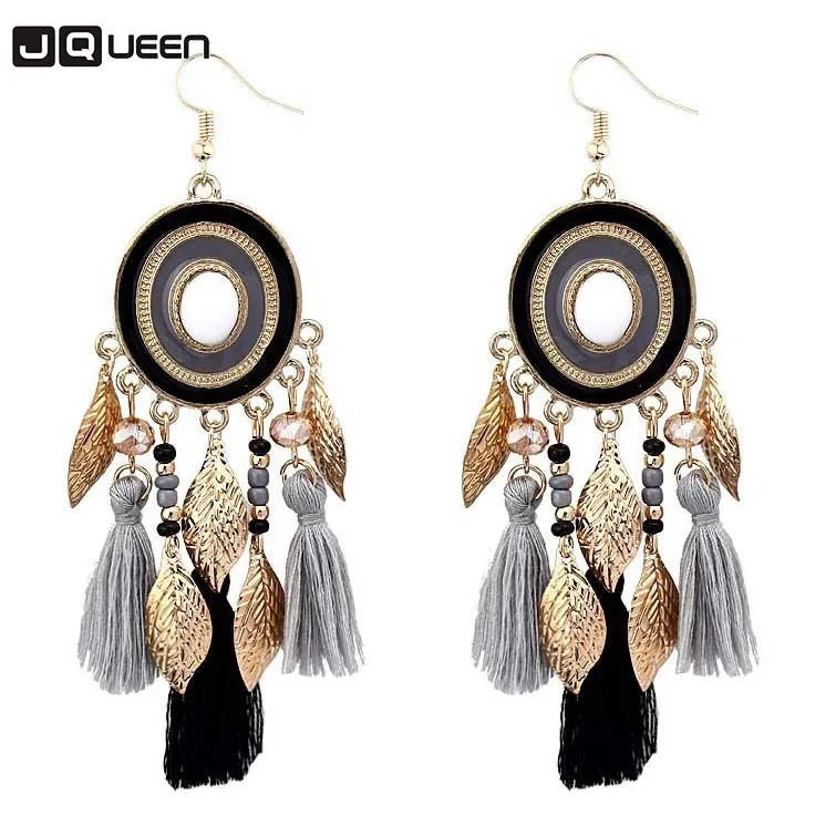 

Bohemia Golden Metal Leaf Fringe Long Tassel Earrings Women Round Boho Hanging Chain Earrings Statement Wedding Jewelry
