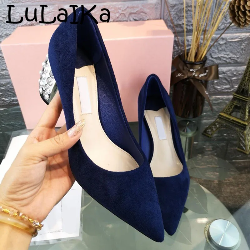 

2018 New Brands Women Pointed Toe Pumps Shoes Winter Sexy Suede Crystal Heel Winter Elegant Wedding Party High Heel 6.5cm