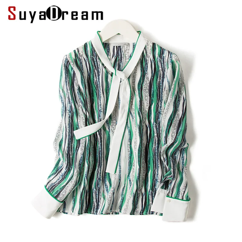

Women Silk Blouse 100% REAL SILK Crepe Stripe Printed Long Sleeved Blouses for Women 2019 Spring New Office lady shirt