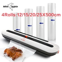 Белая вакуумная упаковочная машина Dolphin с 4 рулонами, пакеты для хранения пищевых продуктов 12 15 20 25x500 см, кухонный вакуумный упаковщик пищевых продуктов 220 В 110 В