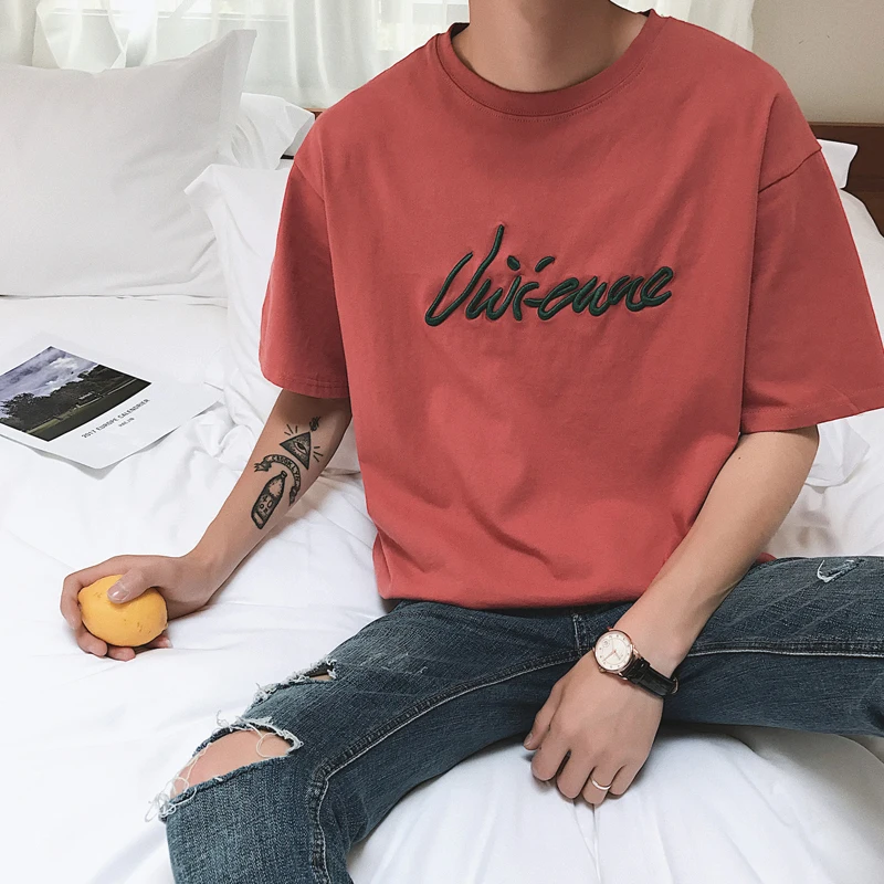 

2019 Summer Men's Fashion Round Collar Letter Embroidery White/green/red/black Short Sleeve Loose 100% Cotton Clothes T-shirts