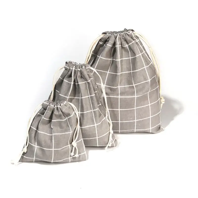 Cotton Linen Drawstring Bag Grid Checker Storage Package Small Coin