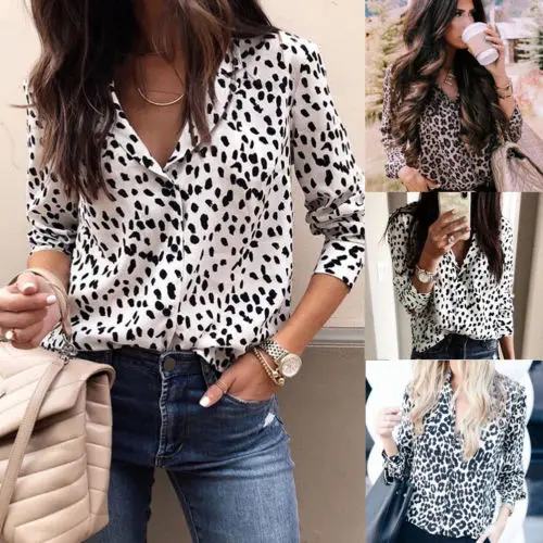 

Fashion Women Long Sleeve Leopard Blouse V neck Shirt Ladies OL Party Top Dames Streetwear blusas femininas elegante Plus Size