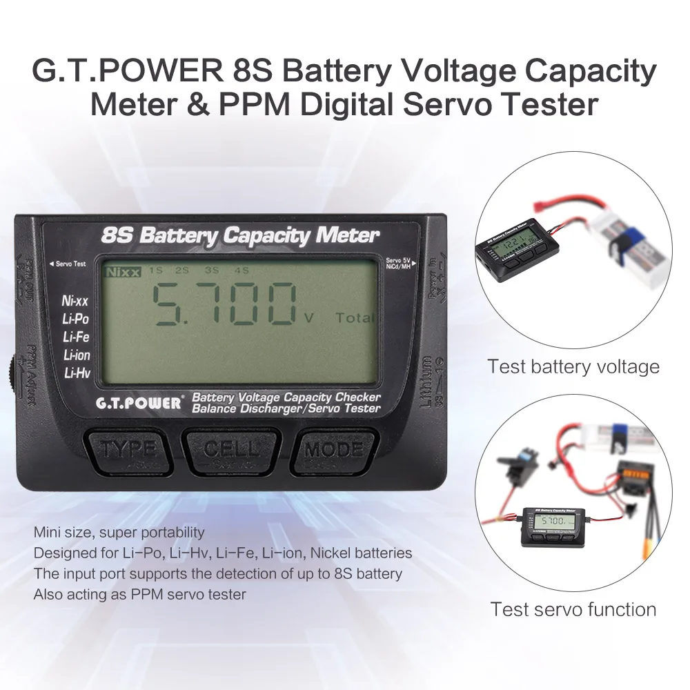 

G.T.POWER 8S Digital Battery Voltage Capacity Meter PPM Digital LED Servo Tester for RC Car Aircraft Quadcopter Model Part Tool