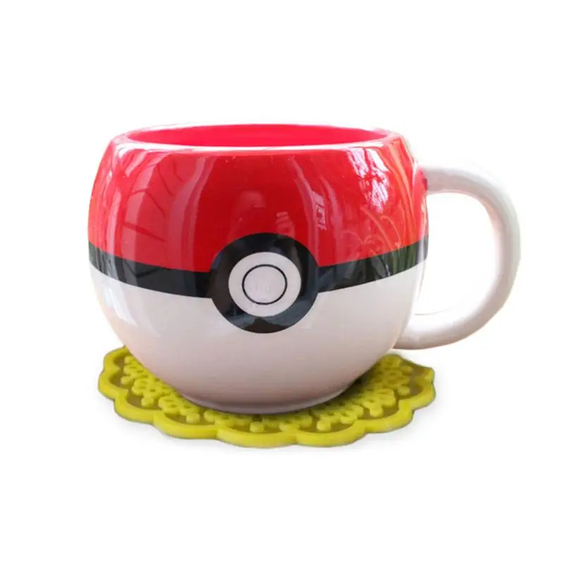

320ml Pokeball Cup Coffee Mug Hand Grip Ceramic Coffee Mug Tea Cup Cartoon Elf Ball Anime Silicone Coaster For Boy Surprise Gift