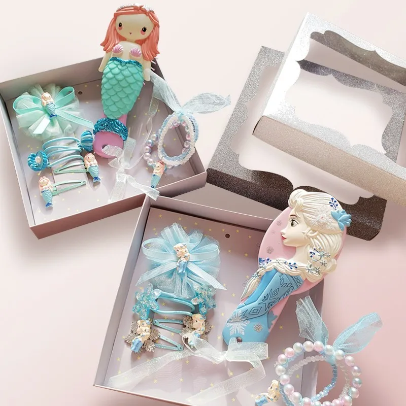 Disney Comb Princess Air Cushion Comb Set Cartoon 3D Stereo Frozen Elsa Ariel Comb Girl Headwear Hair Ring Accessories Set