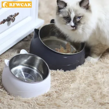 

RFWCAK Stainless Steel Pet Dog Bowl Puppy Cat Food Drink Water Tilted Feeder With Base Non-slip Feeding Container Pets Supplies