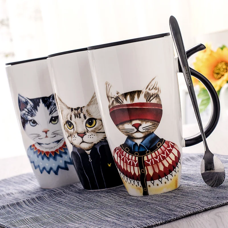 

Cool Cat Ceramics Coffee Mug With Lid Large Capacity 600ml Animal Mugs creative Drinkware Coffee Tea Cups Novelty Gifts milk cup